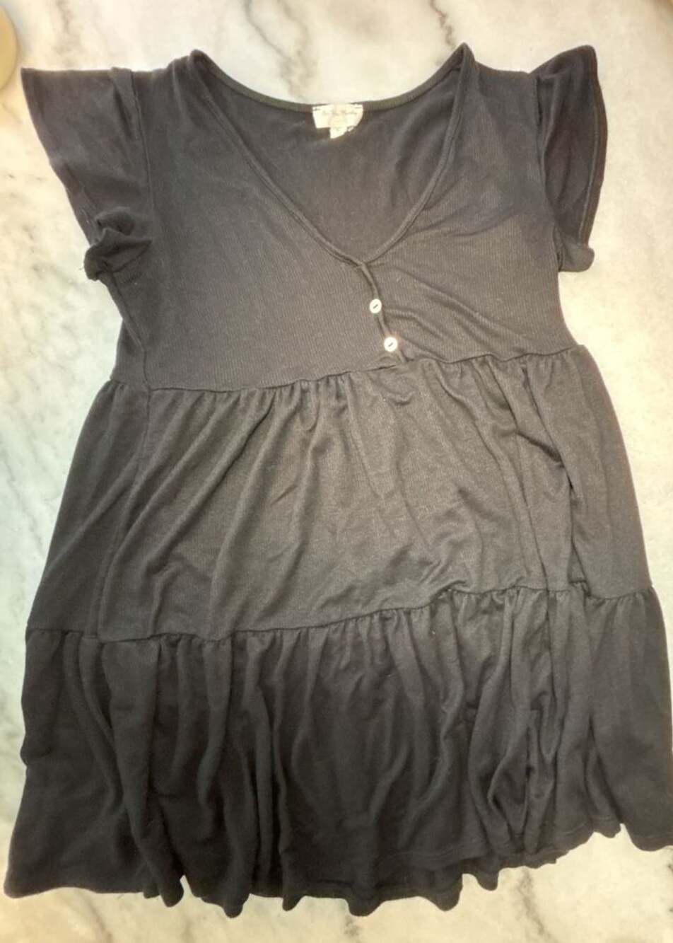 See You Monday Tiered Babydoll Dress Black Ribbed Short Sleeve